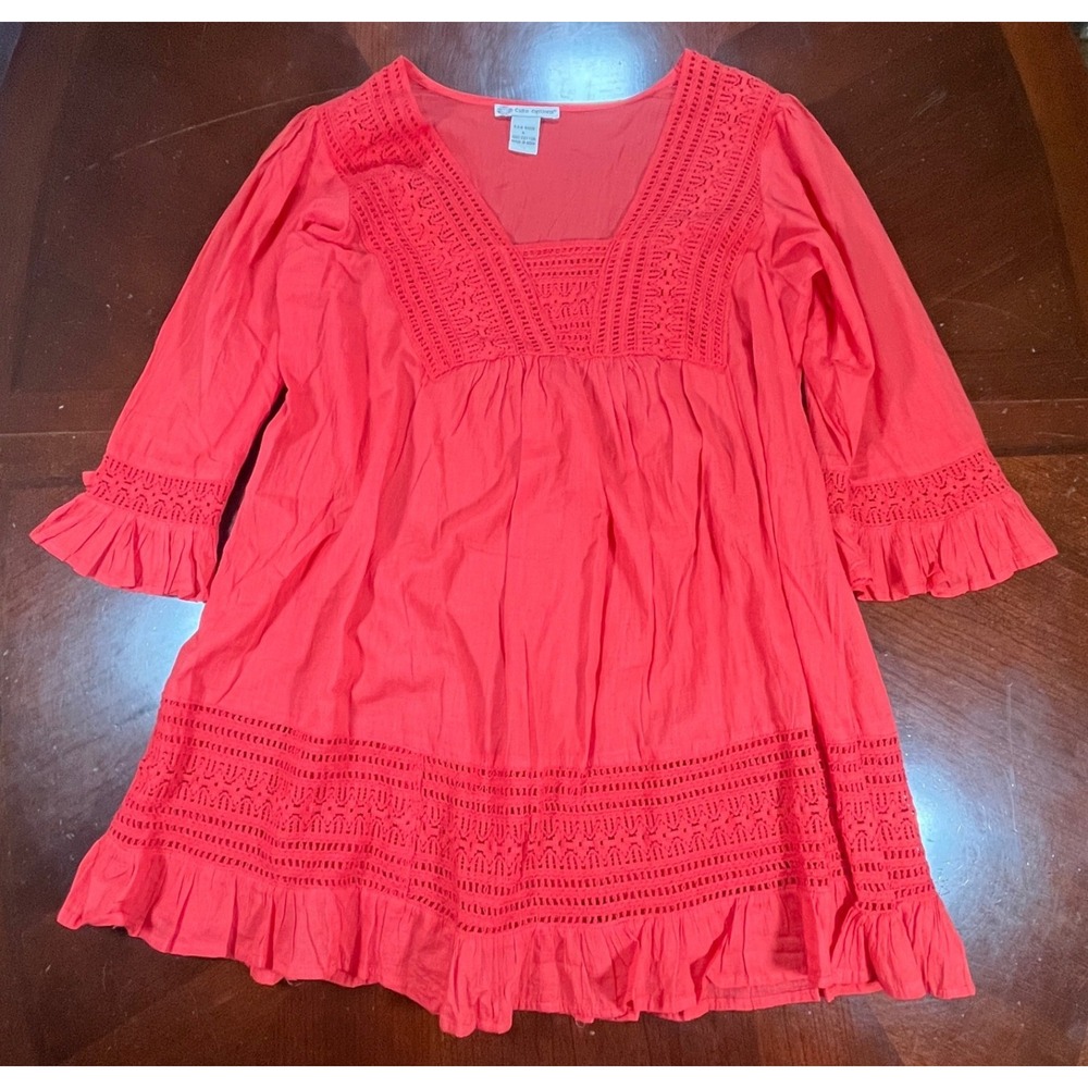 Cute Options Coral Cotton Crochet Lace Tunic Dress Boho Ruffle Sleeve Large Euc